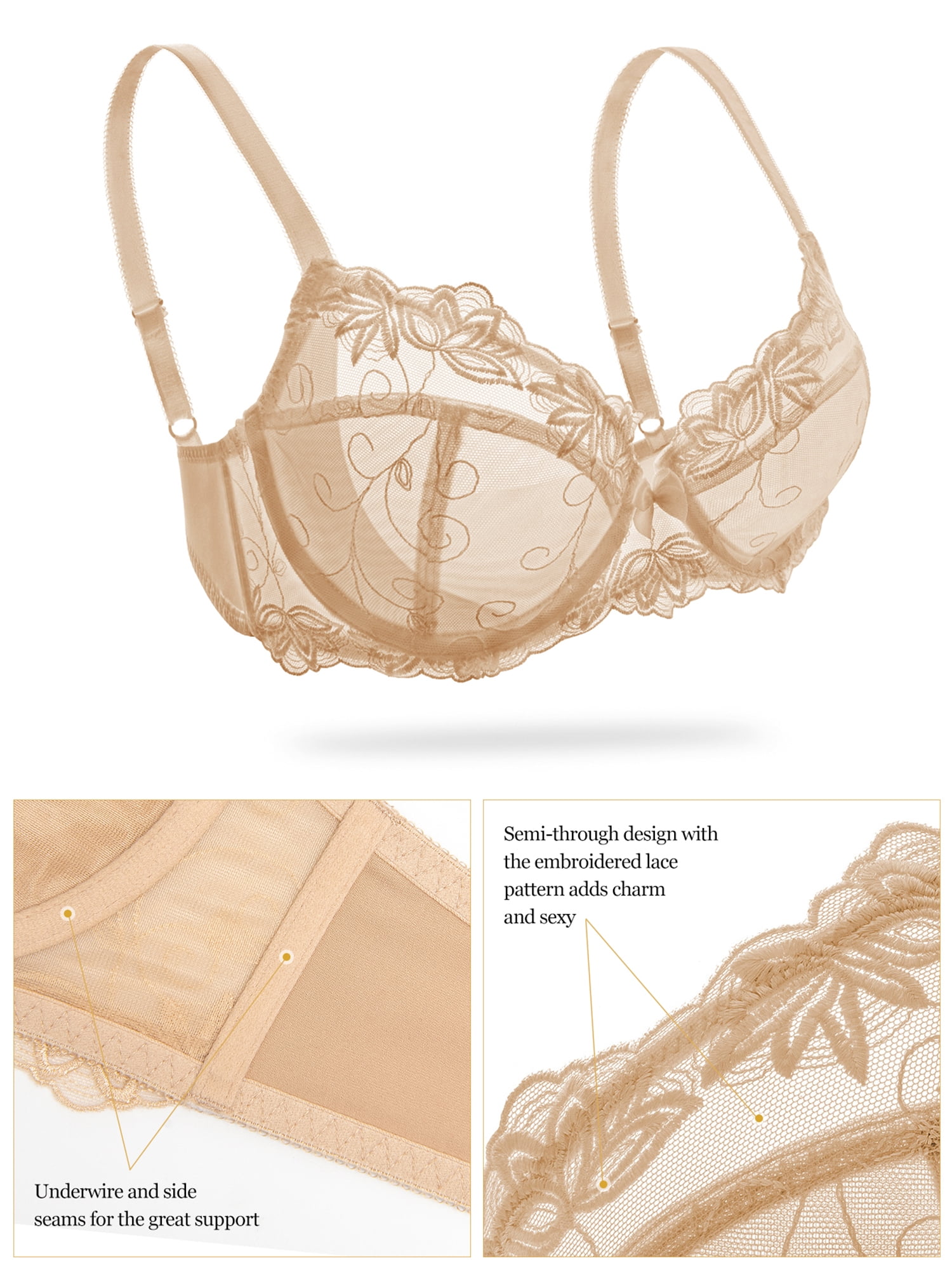 Deyllo Women's Lace Bra Non Padded Full Cup Underwire Push up See Through Plus Size Bra, Beige 34C