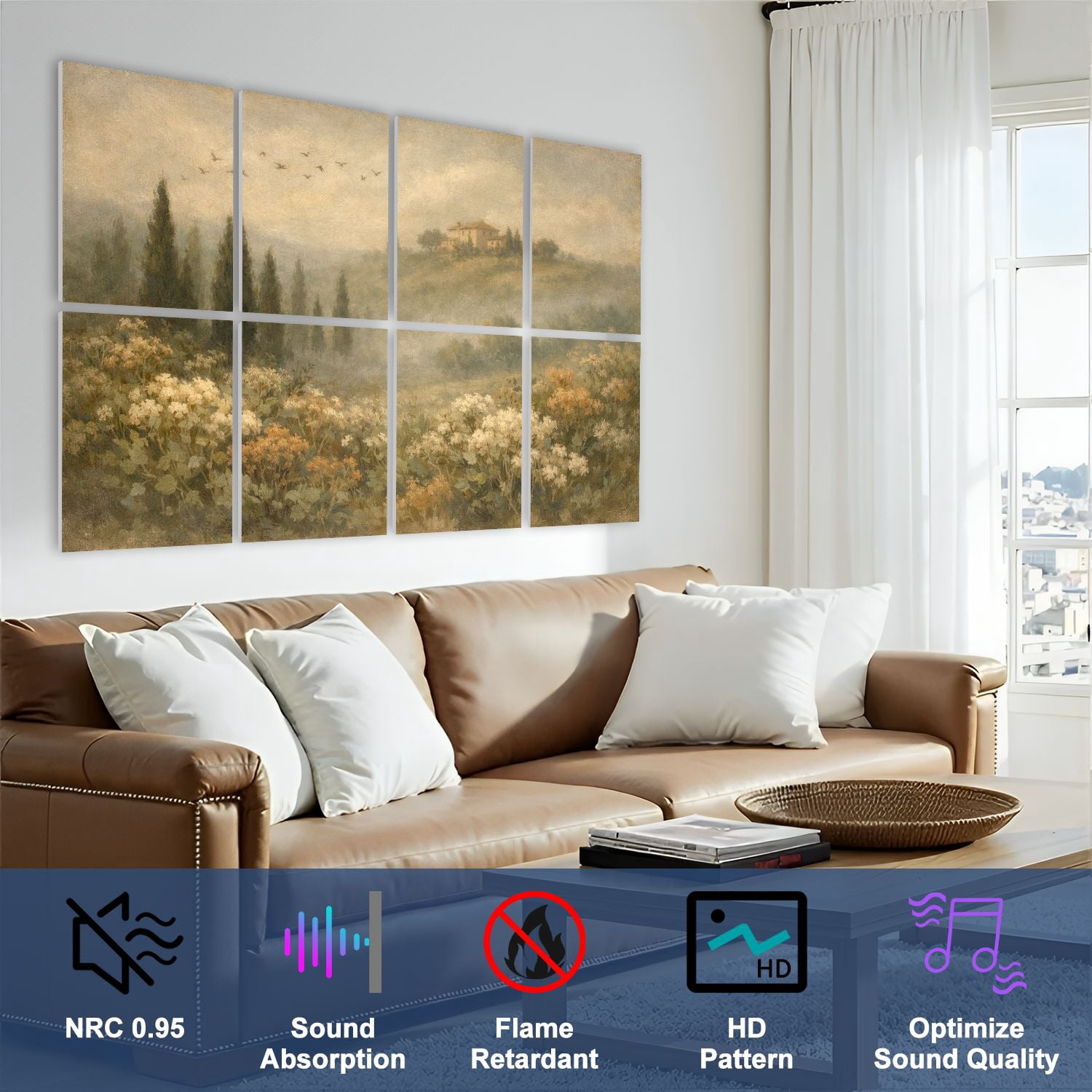 8 Pack Art Acoustic Panels Serene Tuscan Landscape Cypress Trees Hills Distant Villa Self Adhesive Absorbing Dampening Panels Self Adhesive for Nursery Game Room Bedroom 48"x32"