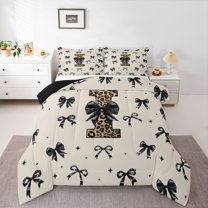 Feelyou Leopard Print Initial I Twin Comforter Sets, Black Bowknot Bedding Set, 2-Piece