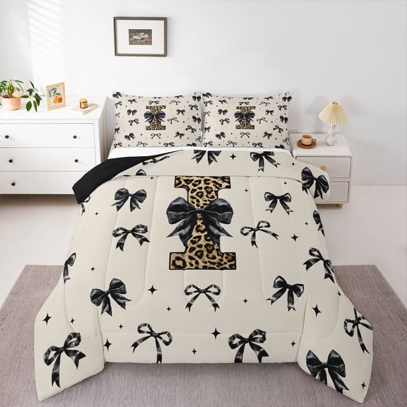 Feelyou Leopard Print Initial I Twin Comforter Sets, Black Bowknot Bedding Set, 2-Piece
