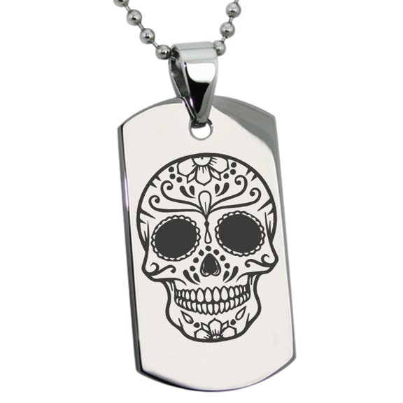 Stainless Steel Day of the Dead Calaveras Mischievous Skull Engraved Dog Tag Pendant Necklace