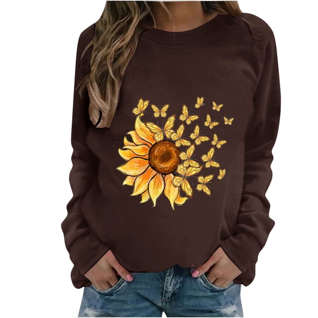 HKEJIAOI Chandail Graphique Tournesol Femme Manches Longues T-Shirt Décontracté Col Rond chandail Ample, a-Brun TG