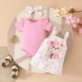 thumbnail image 4 of CAUYDY Toddler Girls Summer Outfits Set Infant Baby Ruffle Sleeve Romper + Cute Print Suspender Skirt + Headband 3 Piece Clothing for Newborn Girl 3-24Months (Sizes 12-18 Months,H3-Pink), 4 of 9