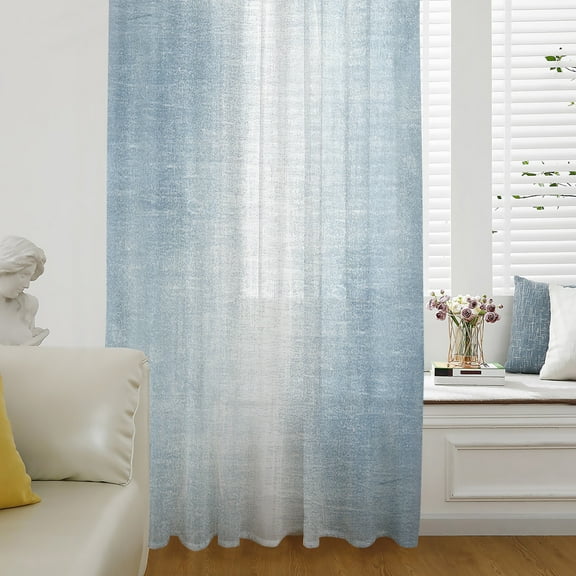Blue Ombre Semi Sheer Curtains Drapes for Living Room, Bedroom, French Doors Window 72 Inches Long, Modern Abstract Art Aesthetics Rod Pocket Chiffon Curtain Drapery Voile Draperies Panel