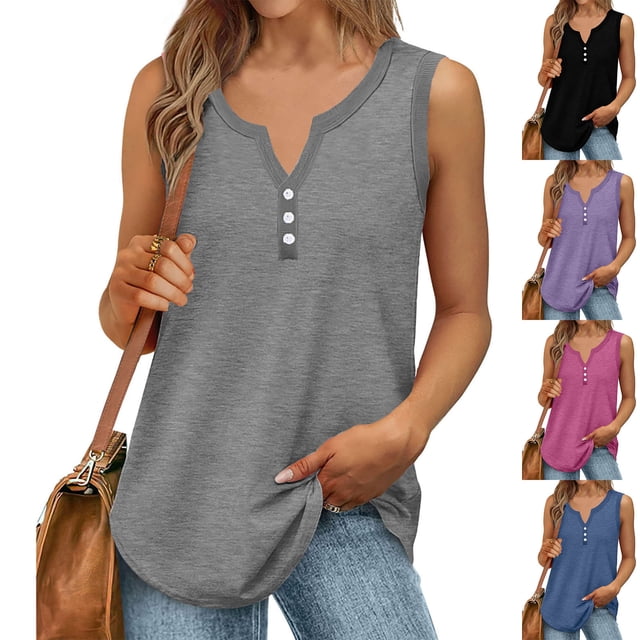 HVOBTTY Womens Summer Comfy Sport Plus Size Casual Solid Color Sleeveless V Neck Button Front Loose Soft Breathable Versatile Tank Top Blue ,M