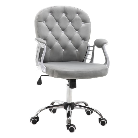 Velvet Office Chair, Adjustable Swivel Desk Chair, Button Tufted Home Office Chairs with Wheels, Gray