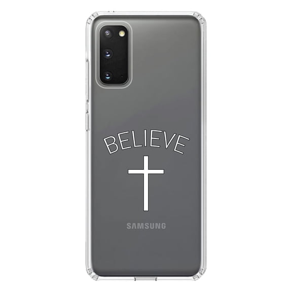 DistinctInk Clear Shockproof Hybrid Case for Galaxy S20 ULTRA / 5G (6.9" Screen) - TPU Bumper Acrylic Back Tempered Glass Screen Protector - BELIEVE - Cross, Jesus