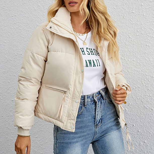 Chaquetas y abrigos casuales de manga larga sin capucha para mujer, chaqueta de cuello alto corto y versión holgada, chaqueta de pan con cremallera, chaqueta de algodón, abrigo corto para mujer