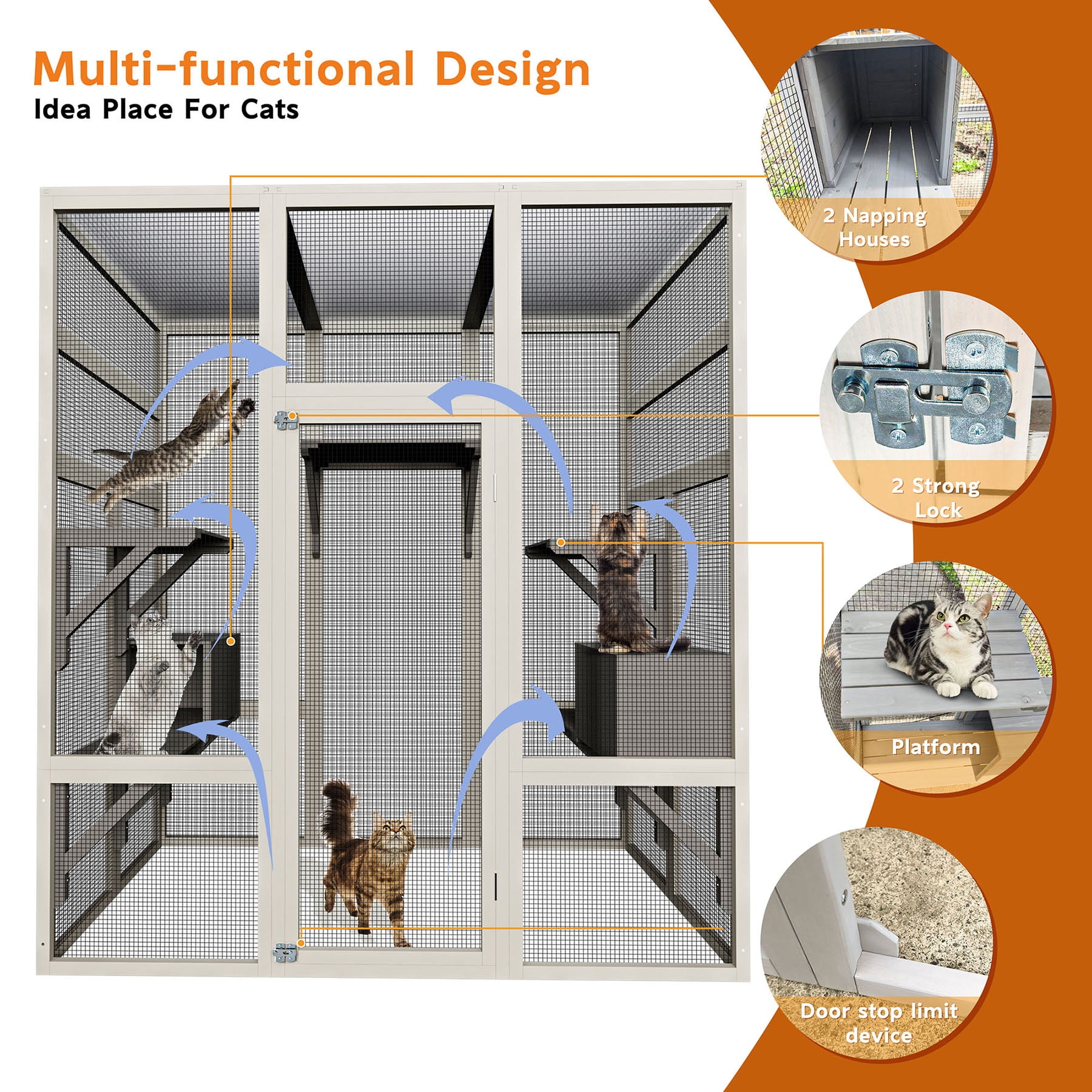 S-HOME Large Outdoor Wooden Cat House Catio 62.6 Inch Solid Wood Cat Cage Shelter with Anti-UV and Waterproof Features