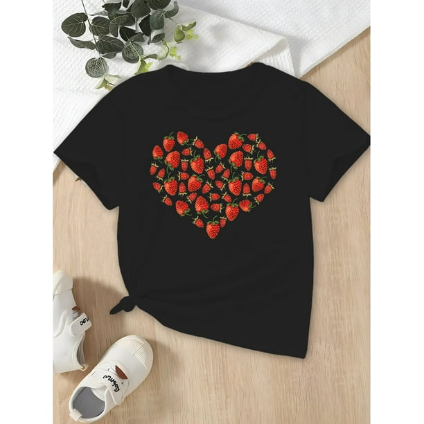 Camiseta con estampado de corazón de fresa para niña: tejido elástico, cómodo y transpirable, cuello redondo informal para primavera/verano.