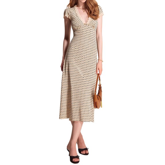 Women Summer Dresses Deep V Neck Polka Dot Prined Splice Lace Dress Elegant for Party Color M