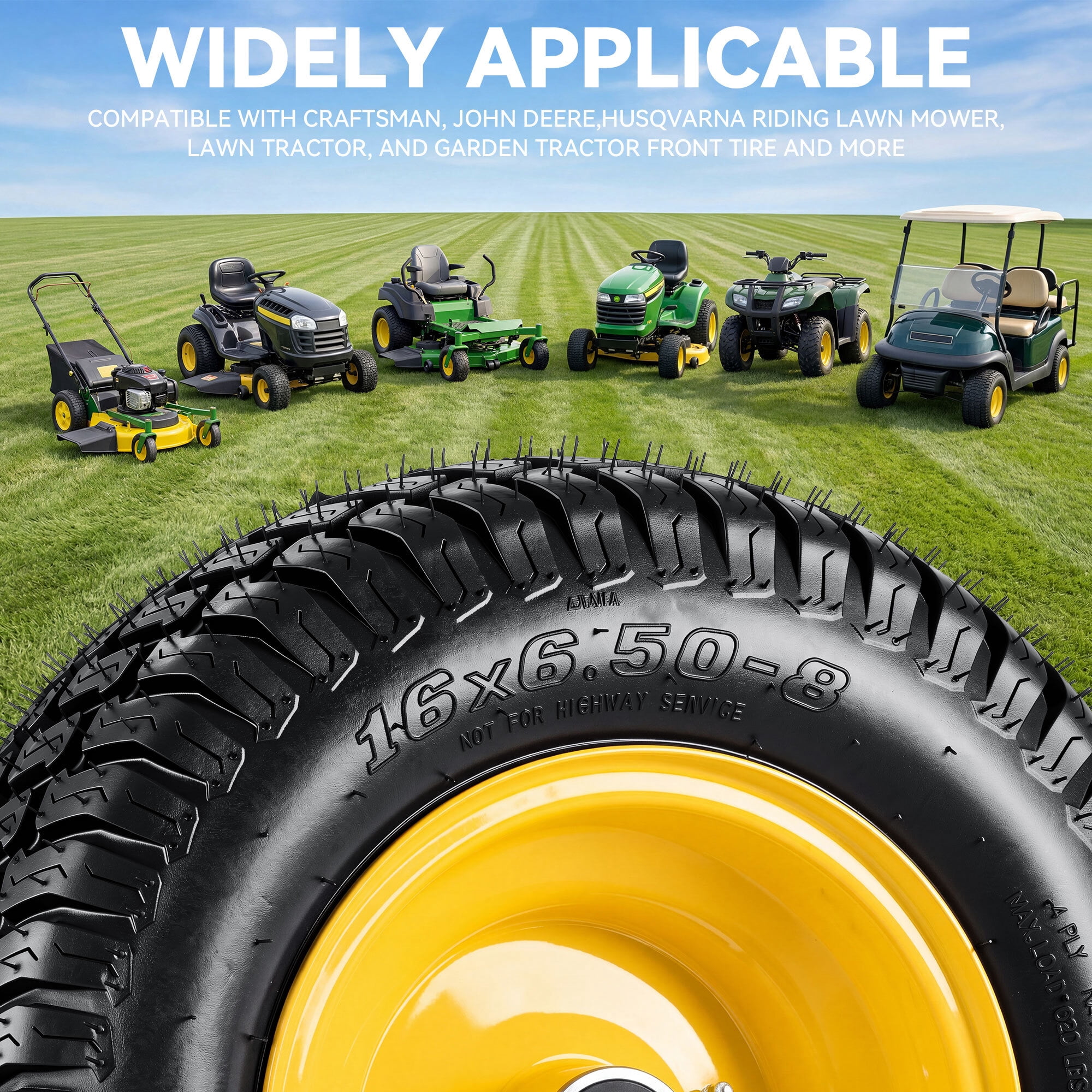 Uforic 16x6.50-8 Flat-Free Lawn Mower Tire and Wheel Assembly, 4-Ply Front Replacement Tire, 3 in Offset Hub, 3/4 in Bushing, 620 lb Capacity, 2-Pack