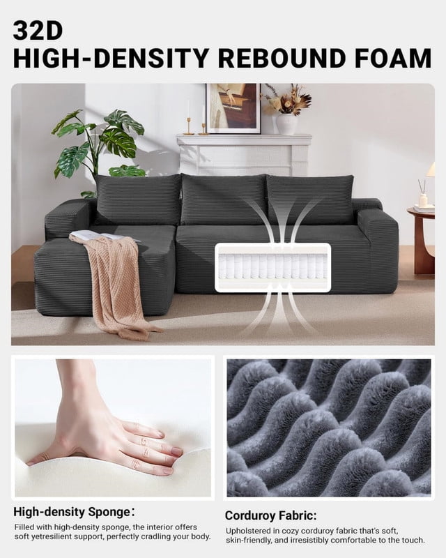 L-Shaped Modular Sectional Sofa with Chaise, 96.9'' Corduroy Boneless Couch Cloud Sofa with Deep Seat for Living Room Bedroom