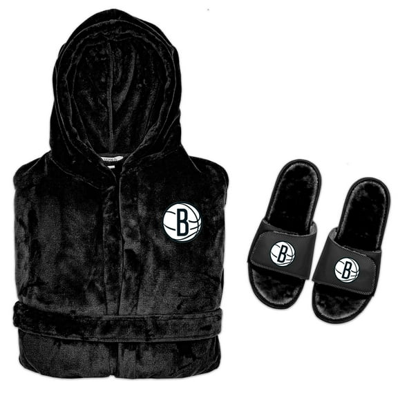 Men's ISlide Black Brooklyn Nets Hooded Phantom Robe & Fur Slide Bundle