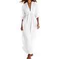 thumbnail image 2 of Guieoi Womens Dresses Fall Plus Size Loose Casual Cotton-Linen 3/4-Sleeve V-Neck Dress Flowy Maxi Dresseses White XXL, 2 of 7