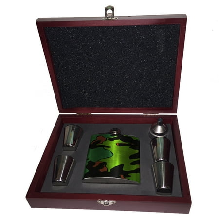 

KuzmarK 6 oz. Stainless Steel Flask Set in Rose Wood Presentation Box - Camoflauge Green Pop