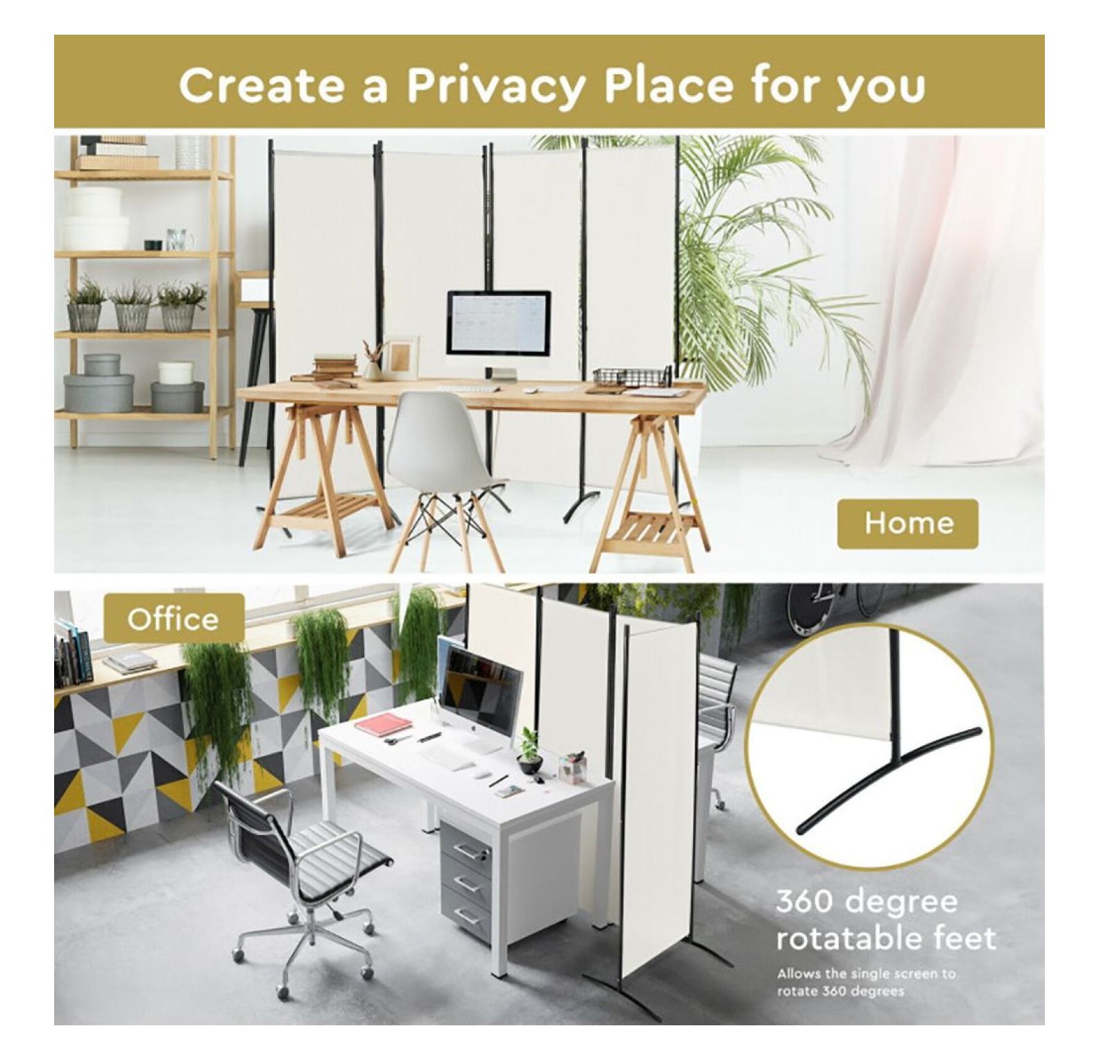 Yunken 4-Panel Folding Privacy Screen with Lockable Wheels, 5.6 Ft Tall Portable Room Divider for Home & Office