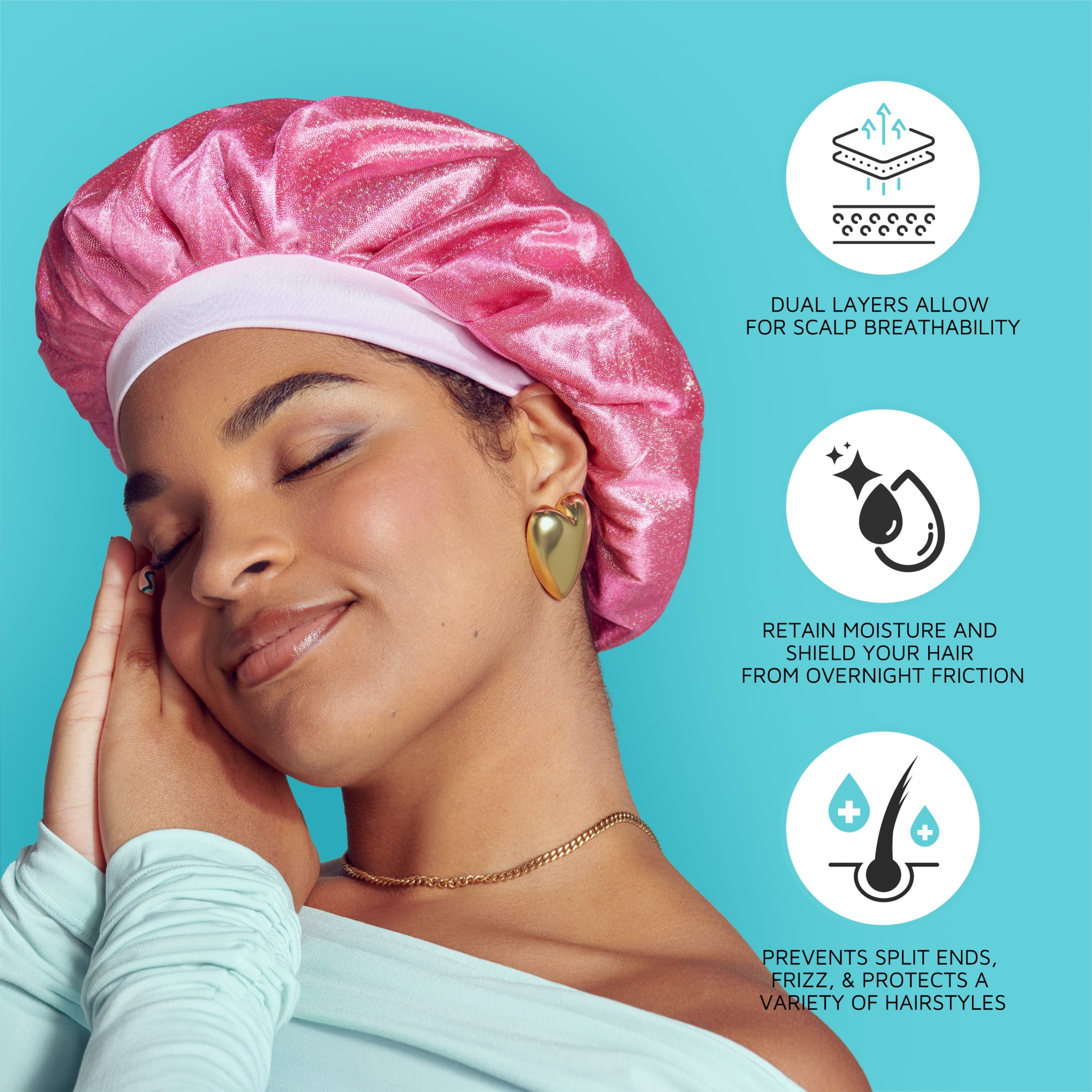 (2 pack) Kiss Colors & Care Silky Satin Reversible Hair Bonnet Cap, Wide Edge, Super Jumbo, Black