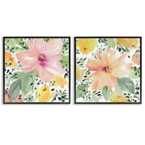 Stupell Industries Large Pink and Coral Bloom Plants & Flowers Painting Black Framed Art Print Wall Art, 12 x 12, Set of 2