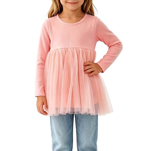 Lutiedan Toddler Girls Long Sleeve Tulle Peplum Tops Crew Neck Mesh Tutu Hem Shirts Casual Princess Flowy Shirts 0-3,Pink