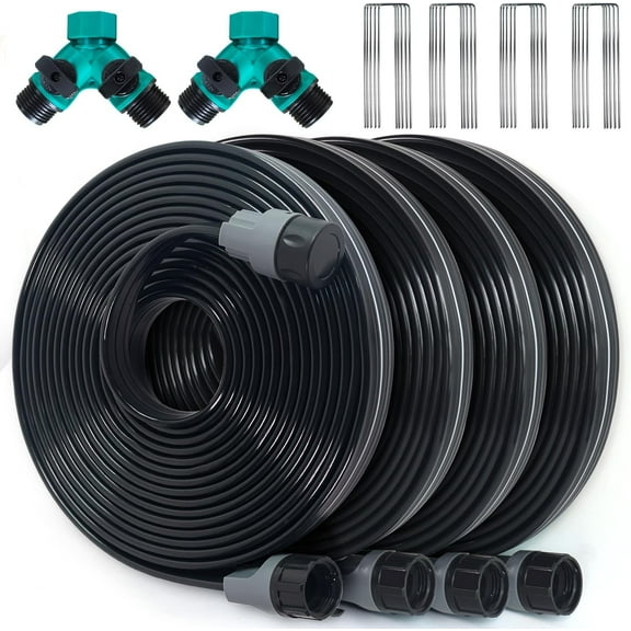 100 Ft Black Sprinkler Hose with Holes - Flat Soaker, 25ft 4pack with Staples/Splitters for Gardens
