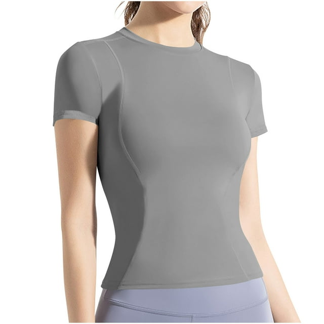 Women Workout Shirts Athletic Compression Tee Short Sleeve T-Shirt Stretch Tee Slim Fitting Yoga Gym Basic Tops Seamless Workout Shirts for Women Short Sleeve Cardigans Gray L