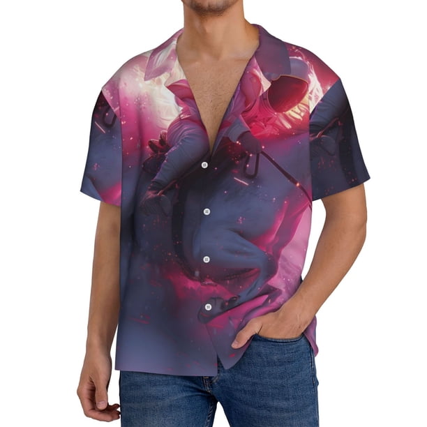 Fotbe Astronaut Riding Fiery Horse Camisa Estampada de Manga Corta para Hombre, Casual de Verano, Estilo Playero, Sin Arrugas-Small