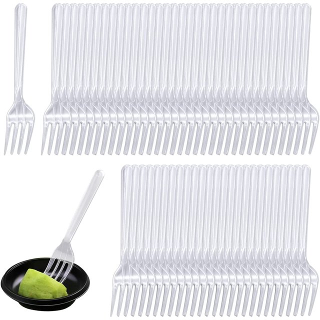 Paquete de 100 tenedores transparentes, cubiertos reutilizables para fiestas, tenedores para pasteles para eventos en interiores y exteriores, fiestas de cumpleaños, catering, bodas (4,5 pulgadas)