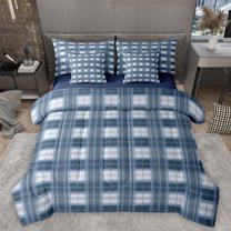 Homewish Vintage Grid Pattern 7 Pieces Bedding Comforter Set,Geometric Checkered Plaid Full Bedding Set,Blue Minimalsim Fitted Sheet Flat Sheet For Girls Boys,Luxury Bedroom Decor Reversible