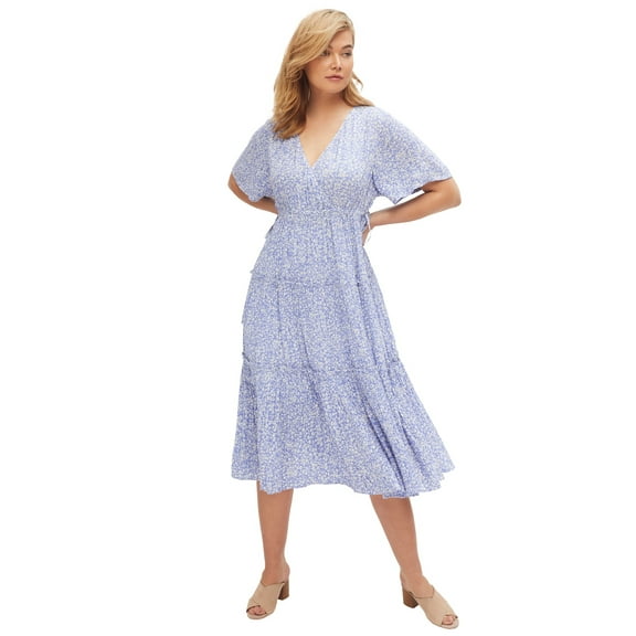 ellos Women's Plus Size Tiered Midi Dress With Surplice Neckline - 16, French Blue Ditsy Floral