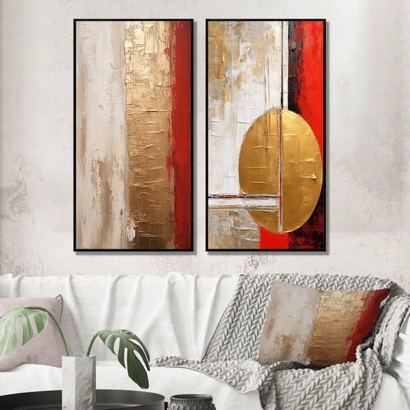 Designart "Lunar Redemption Abstract in Gold and Red I" Abstract Painting Framed Wall Art Set Of 2 - Modern Gold Framed Canvas Set For Living Room Decor