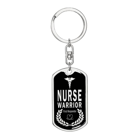Nurse Warrior First Responder Stainless Steel or 18k Gold Premium Swivel Dog Tag Keychain