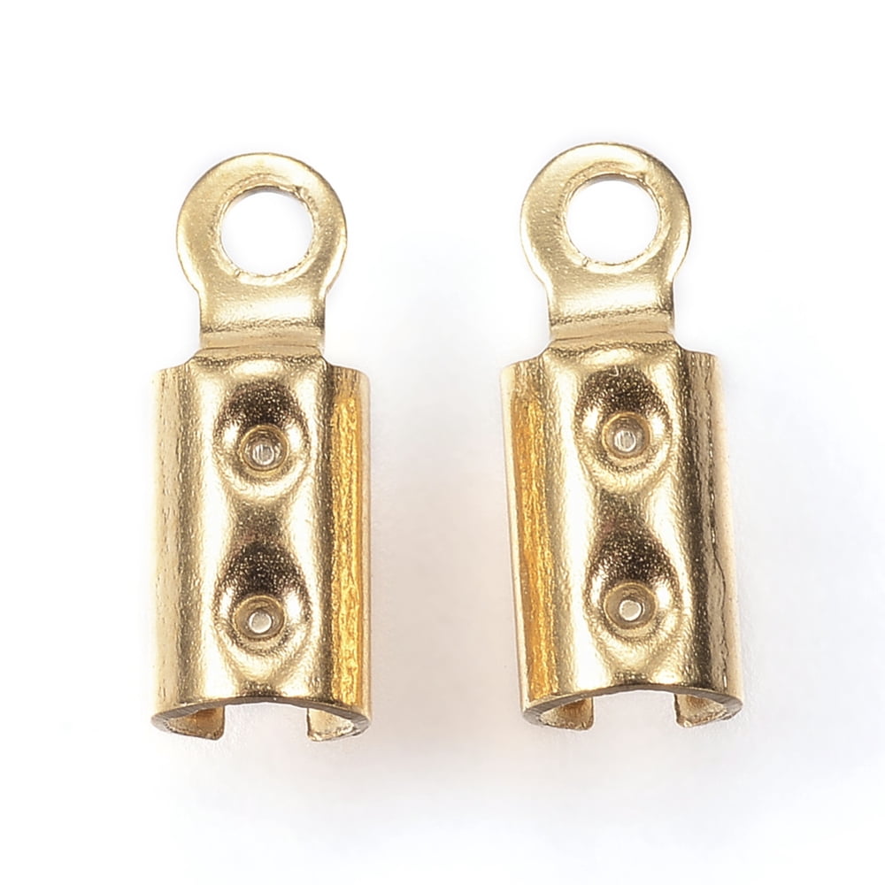 200pcs Ion Plating(IP) 304 Stainless Steel Folding Crimp Ends Fold Over Crimp Cord Ends Golden 8.5x3mm Hole: 1.2mm Inner Diameter: 2.5mm