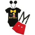thumbnail image 6 of IBTOM CASTLE Toddler Baby Boys Mouse Cosplay Bowtie Romper + Suspenders + PP Pants + Mouse Headband 1st Birthday Outfit Halloween Cake Smash Tuxedo Clothes 9-12 Months Black + Red - My 1st Birthday, 6 of 8