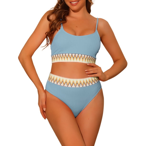 Conjuntos de bikini de dos piezas de talle alto con canalé para mujer, traje de baño con tirantes ajustables, color azul claro pequeño