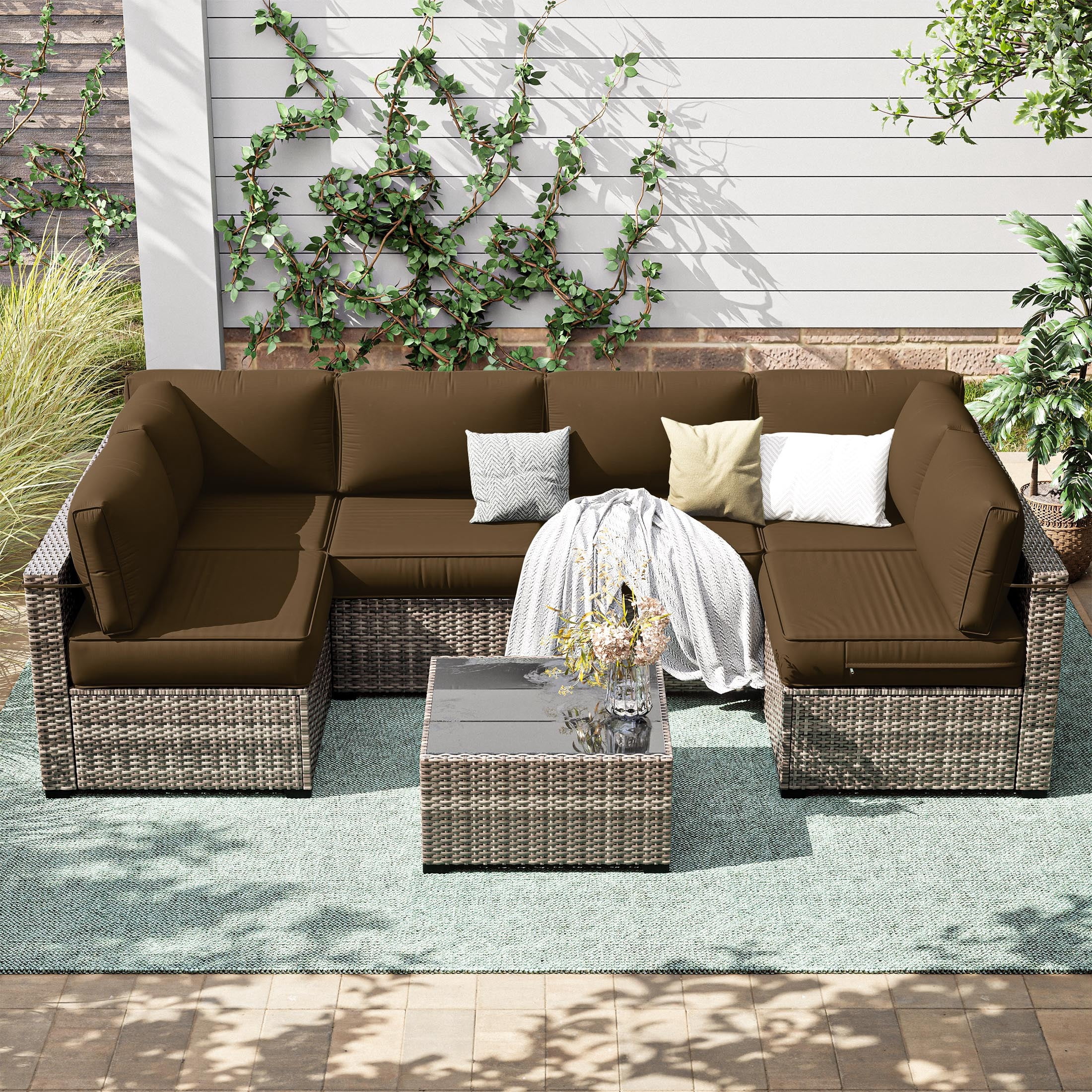 Snubbull 6-Seat Sectional Outdoor Patio Replacement Cushions Set, 25.5" x 25.5", 5" Foam High-Density, 14-Piece Water-Resistant Outdoor Cushion for Patio Conversation Sets, Liner&Cover, Chocolate