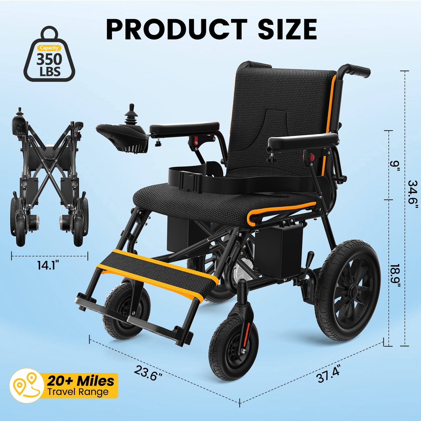 COOLHUT Foldable Electric Wheelchair, 20+ Miles Long Range Motorized Electric Wheelchair, Senior-Friendly Power Chair with 360° Joystick, All Terrain Smart Mobility Scooter, Orange