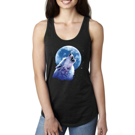 Wolf Howling at the Moon | Womens Animal Lover Jersey Racerback Tank Top, Black, Small