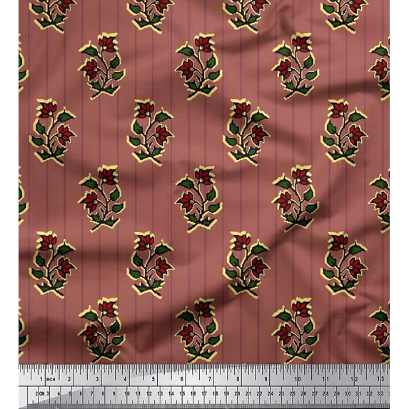 Soimoi Brown Rayon Fabric Stripe,Leaves & Floral Block Decor Fabric Printed Yard 56 Inch Wide