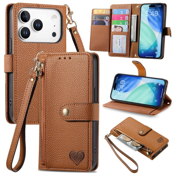 GANGXUN Wallet Case for iPhone 17 Pro , PU Leather Flip Cover with Card Slots, Zipper Pocket, Wrist Strap and Stand Function
