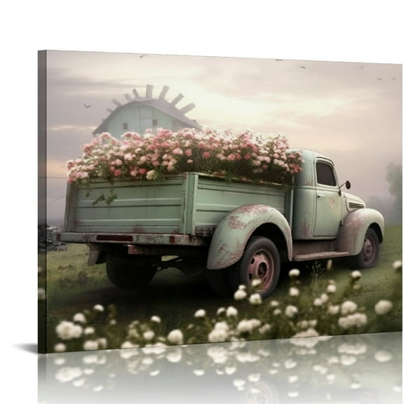 COMIO Farmhouse Truck Wall Art - Old Truck Canvas Prints, Barn Pictures Wall Art for Rustic Home Decor, Rustic Landscape Canvas Painting, Red Car Posters Framed Artwork for Country Wall Decor