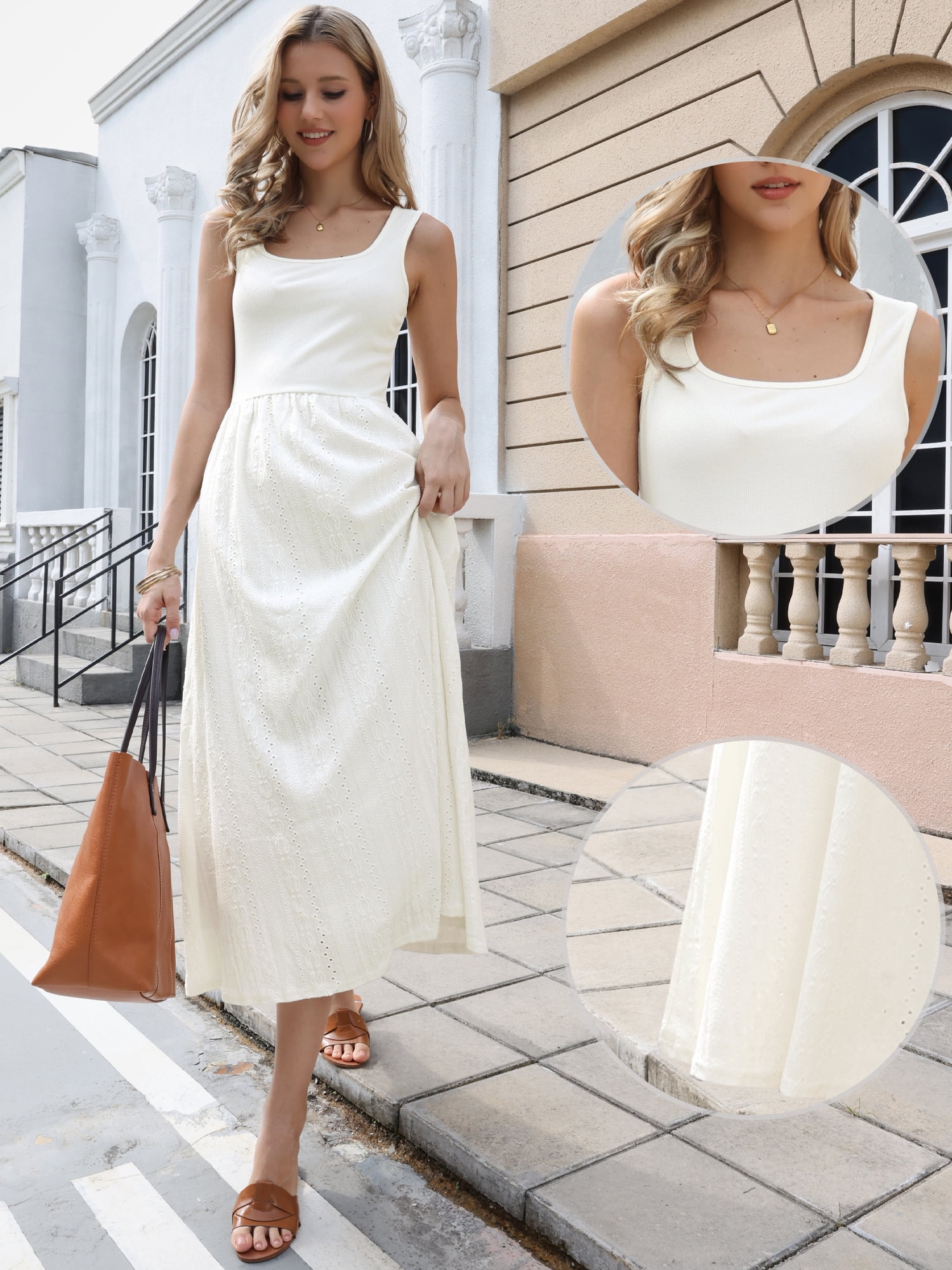 DARING DIVA Women's Square Neck Sleeveless Casual Beach Flare Maxi Dress M White