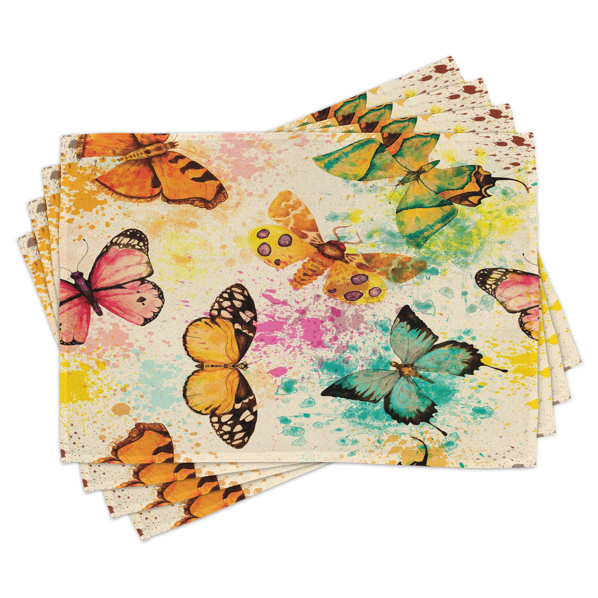 Butterfly Place Mats Set of 4, Watercolor Murky Grungy Butterflies with