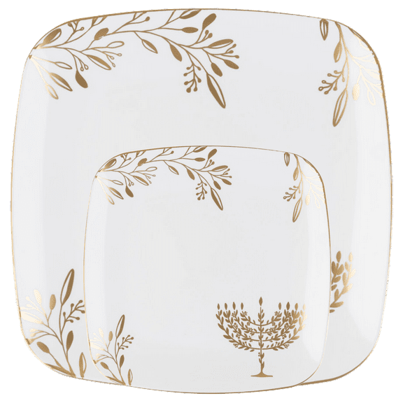 Combo Set 7" inch Salad Plates & 10" inch Square Plastic Plates Heavy Duty Hanukkah Dinner Plates with White Gold Chanukah Design Hanukkah Party Disposable China Like Plastic Dessert Plate (24 Pack)