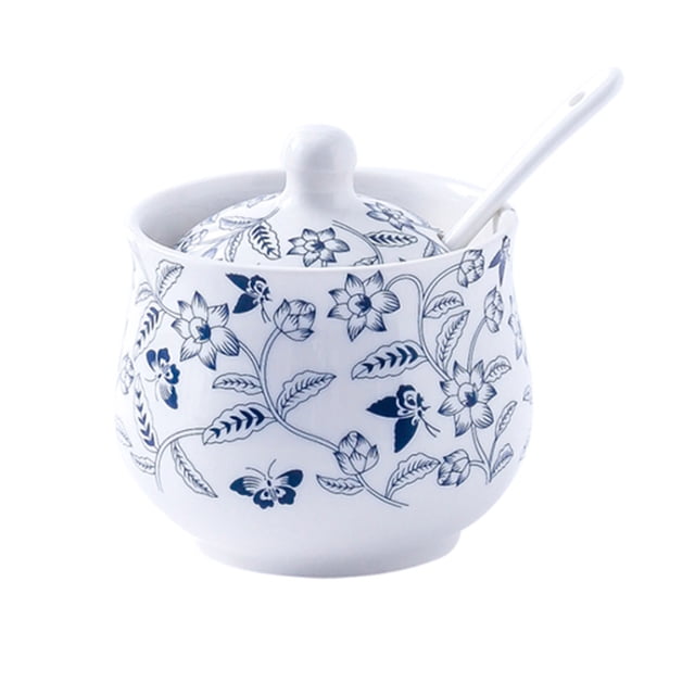 White Sugar Bowl With Lid And Spoon, Ceramic Salt Pot Storage Canister, Hand Drawn Pattern Spice Jar, Kitchen Decoration, Coffee Bar-White 1-200ml