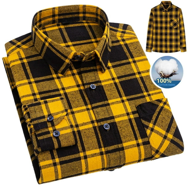 Camisas De Vestir Para Hombre Manga Larga Camisa de manga larga para hombre Camisa de moda para hombre de talla grande informal a cuadros de lana de algodon Yellow 3XL 46 Walmart
