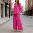 thumbnail image 7 of BRELIL Women Plus Size V Neck 3/4 Sleeve Shirt Wide Leg Pants Two Piece Set Solid Boho Lounge Casual Loose Outfits Travel Vacation, Hot Pink M, 7 of 7