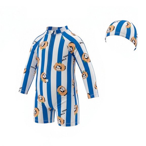 Toddler Boy Outfits Quick Dry Striped Print Mock Neck Long Sleeve One-Piece Swimsuit And Cap 2 Piece Boys' Clothing Sets Size 18-24 Months