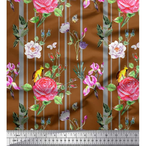 Soimoi Cotton Duck Fabric Stripe,Camellia & Rose Floral Decor Fabric Printed Yard 42 Inch Wide