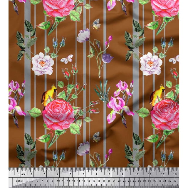 Soimoi Moss Georgette Fabric Stripe,Camellia & Rose Floral Decor Fabric Printed Yard 42 Inch Wide